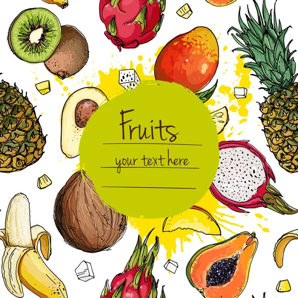 Ananas, avokádo, papája, meruňky, mango, hroznové, pitahaje linie — Stockový vektor