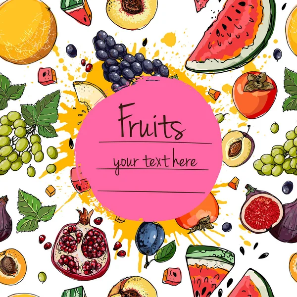 Abacaxi, manga, uva, quivi, figos, banana, ameixa, laranja linha d — Vetor de Stock