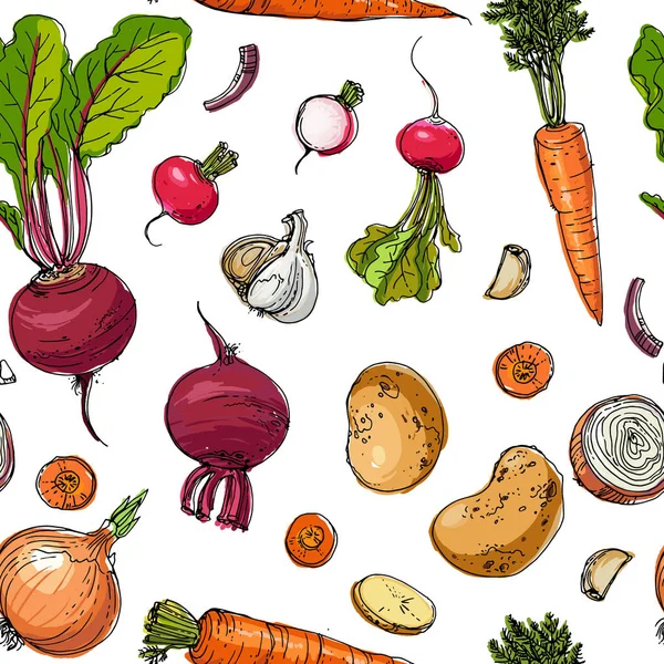 O padrão de linha de legumes coloridos pintados desenhados em um branco — Vetor de Stock