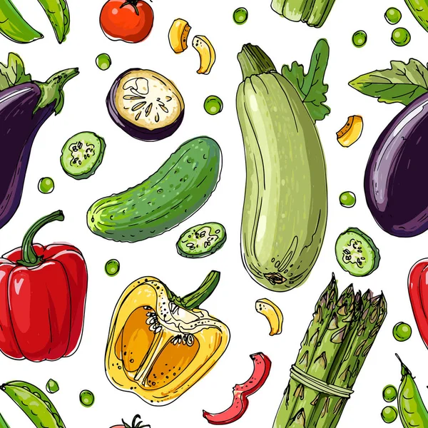 Il modello di linea di verdure colorate dipinte disegnato su un bianco — Vettoriale Stock