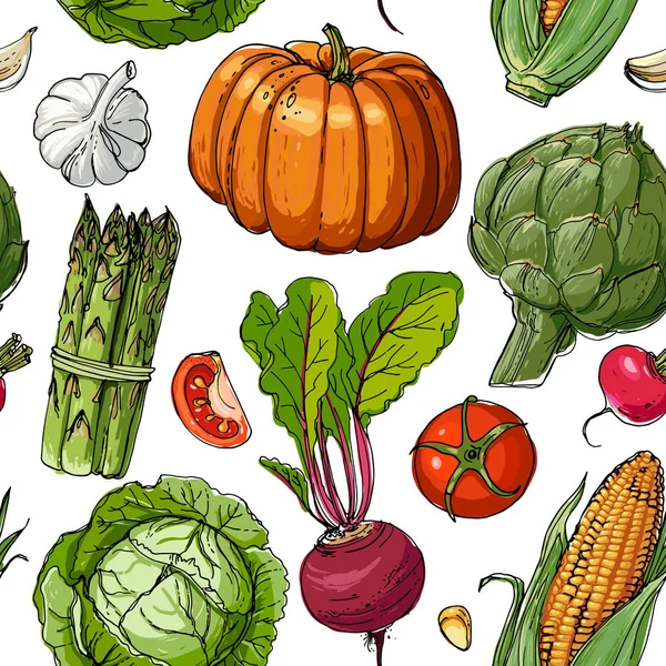 Das Muster der gemalten farbigen Gemüselinie auf einem weißen — Stockvektor