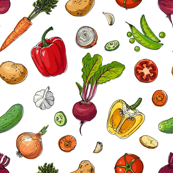 O padrão de linha de legumes coloridos pintados desenhados em um branco — Vetor de Stock