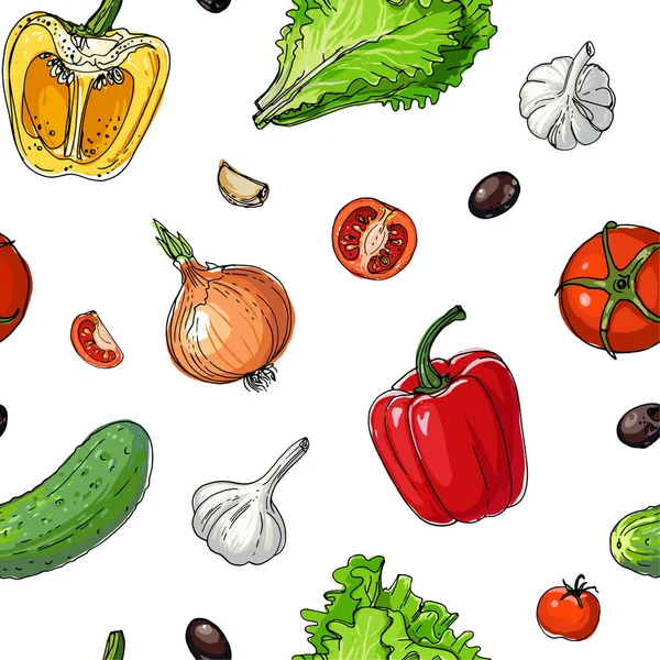Le motif de la ligne de légumes colorés peints dessinés sur un blanc — Image vectorielle