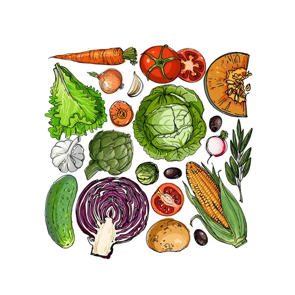 Quadrado de vegetais coloridos. Alimentos frescos — Vetor de Stock