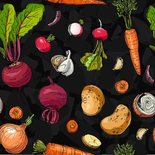 彩色蔬菜线在黑色上画的图案 — 图库矢量图片