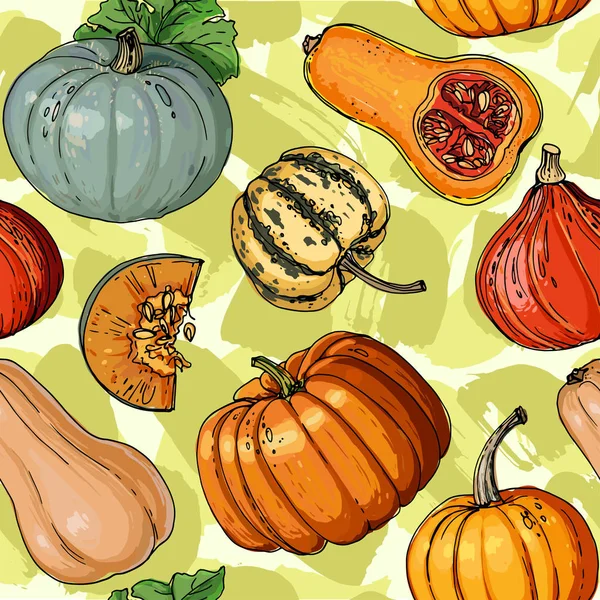 Le motif de la ligne de légumes colorés peints dessinés sur un vert — Image vectorielle