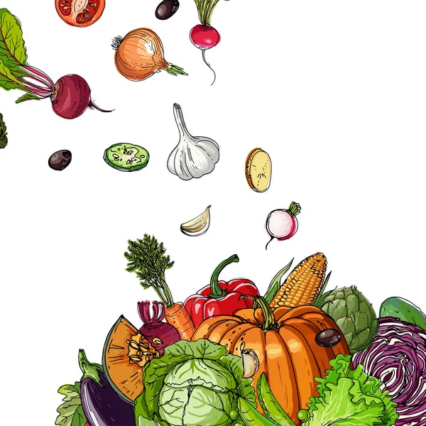 Λαχανικά Φρέσκα Τρόφιμα Κολοκύθι Αγκινάρες Τεύτλα Σπαράγγια Καλαμπόκι Σκόρδο Τομάτας — Διανυσματικό Αρχείο