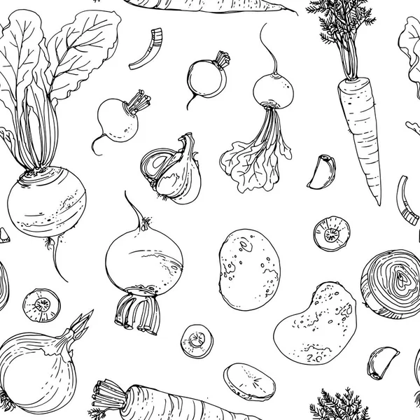 Le motif de la ligne de légumes colorés peints dessinés sur un blanc — Image vectorielle