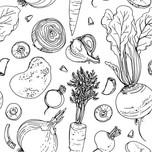Le motif de la ligne de légumes colorés peints dessinés sur un blanc — Image vectorielle