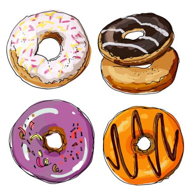 Beyaz bir arka plan hatta boyalı çörek. Tatlılar. Halka sır. Yiyecek bir kroki. Rulo çizim.