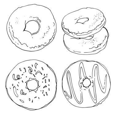 Beyaz bir arka plan hatta boyalı çörek. Tatlılar. Halka sır. Yiyecek bir kroki. Rulo çizim.