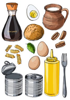 Beyaz bir arka plan üzerinde bir çizgi ile çizilmiş gıda. Boyalı gıda ürünleri. Soya sosu, yumurta, süt, ekmek, pecans, hardal, makarna, konserve gıda, çatal