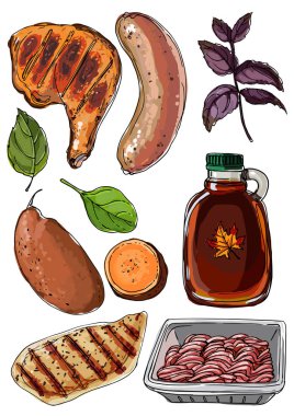 Beyaz bir arka plan üzerinde bir çizgi ile çizilmiş gıda. Ürünler. Tavuk jambon, sosis, fesleğen, tatlı patates, tavuk göğsü, kıyılmış et, akçaağaç şurubu