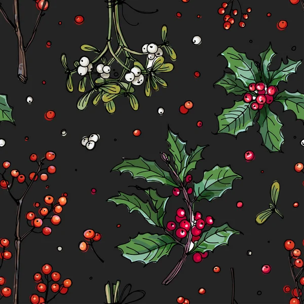 图案圣诞装饰 植物线绘制黑色背景 浆果和树叶的草图 冬季浆果 槲寄生 — 图库矢量图片
