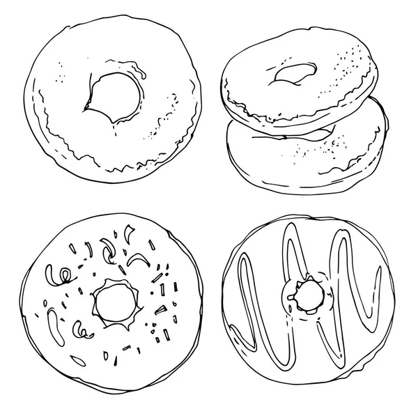 甜甜圈涂在白色背景上的线条 甜甜圈釉 食物的草图 轧辊图纸 — 图库矢量图片