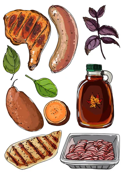 Beyaz bir arka plan üzerinde bir çizgi ile çizilmiş gıda. Ürünler. Tavuk jambon, sosis, fesleğen, tatlı patates, tavuk göğsü, kıyılmış et, akçaağaç şurubu