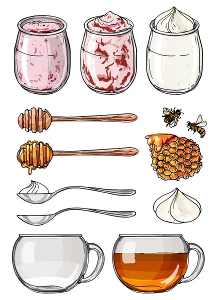 Yogurt Jar Glass Cups Tea Spoons Honey Honeycomb Bees Sketch — Stock Vector