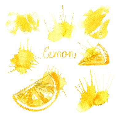 Beyaz zemin üzerine suluboya ile limon boyalı. Sulu boya meyve renkli, limon muz sarı lekeler soyut boya su sıçramalarına