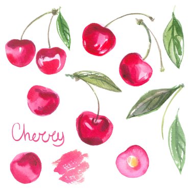 Kiraz suluboya beyaz arka plan üzerinde ayarlayın. Suluboya çilek. Renkli meyve. İzole kiraz.