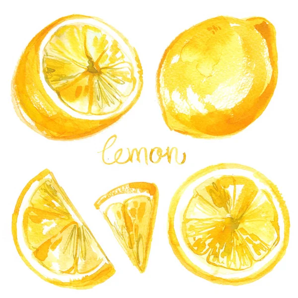 Limone Dipinto Con Acquerelli Sfondo Bianco Colorato Acquerello Frutta Limone — Foto Stock