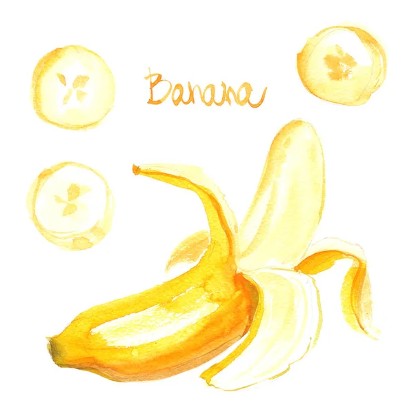 Banan Pomalowane Farbami Białym Tle Kolorowe Owoce Akwarela Żółty Banan — Zdjęcie stockowe