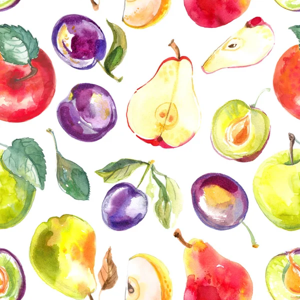 Pears, plums, apples. Pattern of the watercolors of fruits on a white background.