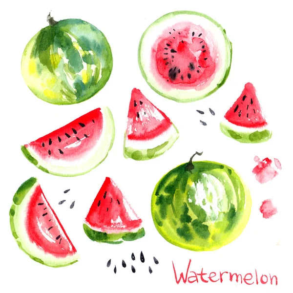 Wassermelonen Mit Aquarellen Auf Weißem Hintergrund Farbige Helle Wassermelonenhälften — Stockfoto