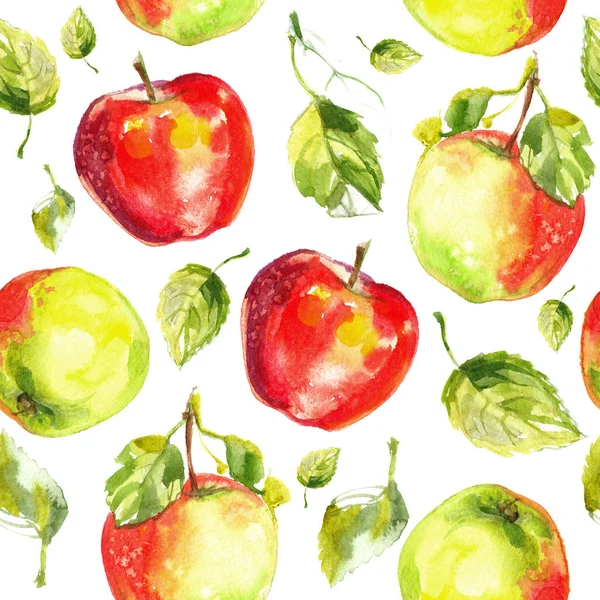 Patroon Appels Geschilderd Met Aquarellen Wit Papier Rode Appel Groene — Stockfoto