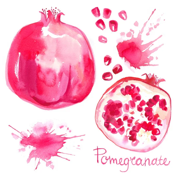 Granatäpple Målade Med Akvareller Vit Bakgrund Hälften Granatäpple Frukt Abstrakt — Stockfoto