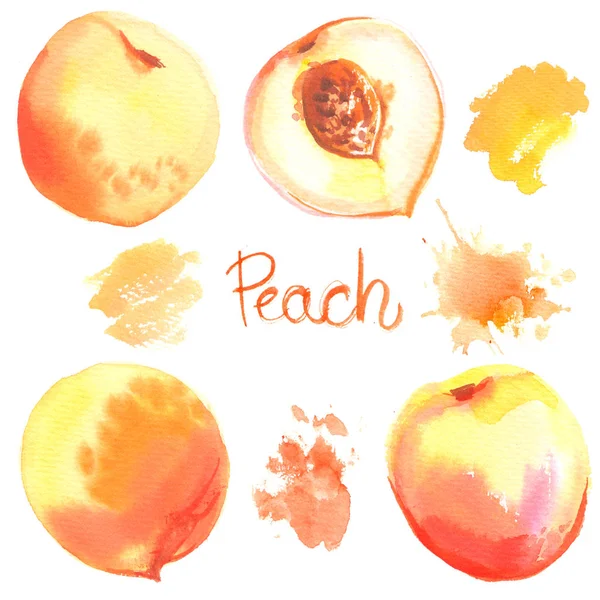 在白色背景下用水彩画的桃子 桃的一半 明亮的果子 抽象斑点 — 图库照片