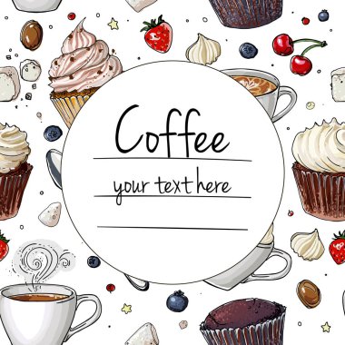Beyaz arka planda kahve fincanı çizimi. İç ve tatlı al. Kahvaltının vektör görüntüsü. Bir fincan kahve, üst manzara, çörek, tabak, peçete..