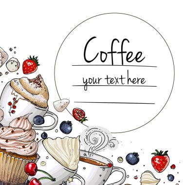 Beyaz arka planda kahve fincanı çizimi. İç ve tatlı al. Kahvaltının vektör görüntüsü. Bir fincan kahve, üst manzara, çörek, tabak, peçete..