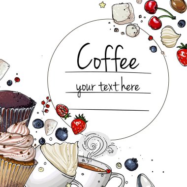 Beyaz arka planda kahve fincanı çizimi. İç ve tatlı al. Kahvaltının vektör görüntüsü. Bir fincan kahve, üst manzara, çörek, tabak, peçete..