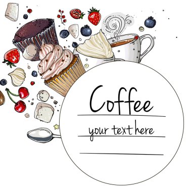 Beyaz arka planda kahve fincanı çizimi. İç ve tatlı al. Kahvaltının vektör görüntüsü. Bir fincan kahve, üst manzara, çörek, tabak, peçete..