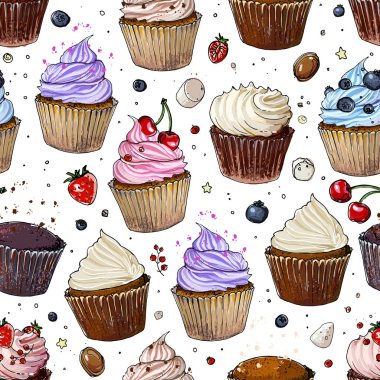 Beyaz bir arka plan üzerine çizilen desen cupcakes çizgi. Krem renkli hamur işleri. Vektör çizimi