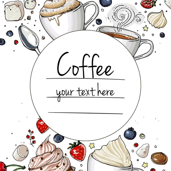 Beyaz Arka Planda Kahve Fincanı Çizimi Tatlı Kahvaltının Vektör Görüntüsü — Stok Vektör