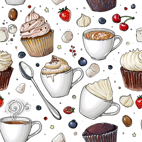 Padrão Linha Xícara Café Desenho Fundo Branco Bebida Doces Imagem —  Vetores de Stock