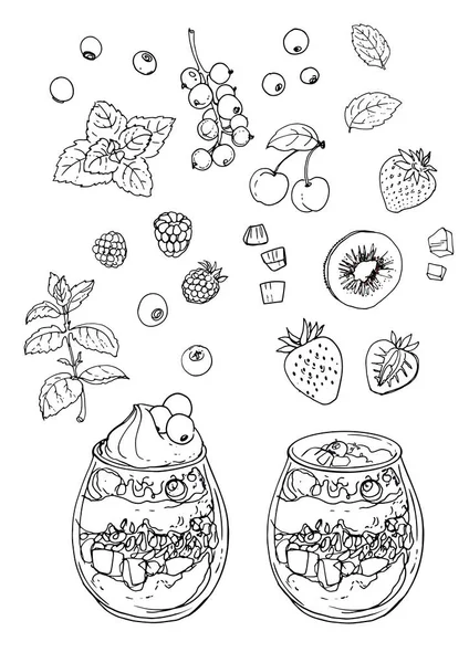 瓶の中のヨーグルト 白い背景の上の食事行のスケッチ ミント キウイ クランベリー イチゴ — ストックベクタ