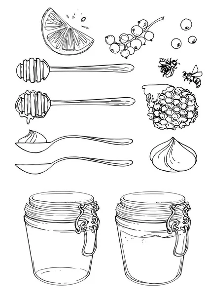 Clip Top Βάζο Κουτάλια Κηρήθρα Μέλι Μέλισσες Σκίτσο Του Γεύματος — Διανυσματικό Αρχείο