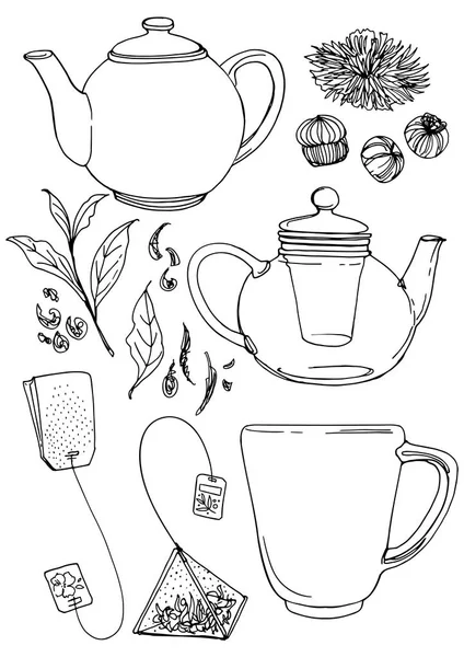 Çay Seti Çaydanlık Bir Kupa Beyaz Bir Arka Plan Satırlarında — Stok Vektör