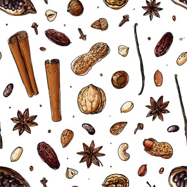 Beyaz bir arka plan üzerine çizilen desen fındık ve baharat çizgi. Kroki yiyecek. Ceviz, kakao fasulye, vanilya, Gorica, badem, fındık, fıstık, anason