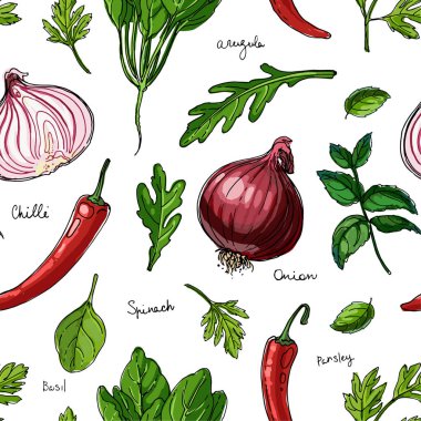 Desen otlar. Baharat. Herb, beyaz bir arka plan üzerinde siyah çizgiler çizilmiş. Vektör çizim. Rezene, dereotu, kişniş, tarhun, yeşil soğan, sarımsak