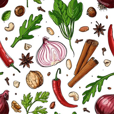 Beyaz bir arka plan üzerine çizilen desen fındık ve baharat çizgi. Kroki yiyecek. Ceviz, kakao fasulye, vanilya, Gorica, badem, fındık, fıstık, anason