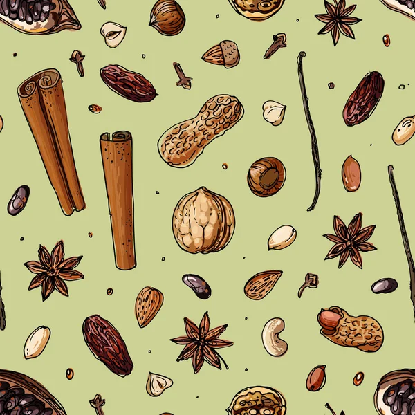 Motif Noix et épices ligne dessinée sur un fond blanc. Croquis de la nourriture. Noix, fèves de cacao, vanille, Gorica, amandes, noisettes, arachides, anis — Image vectorielle