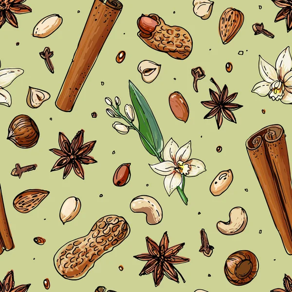 Beyaz bir arka plan üzerine çizilen desen fındık ve baharat çizgi. Kroki yiyecek. Ceviz, kakao fasulye, vanilya, Gorica, badem, fındık, fıstık, anason