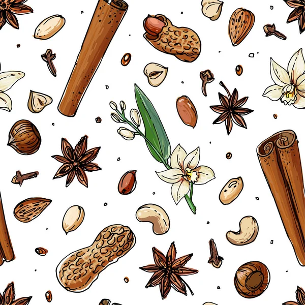 Візерунок Лінія горіхів і спецій намальована на білому тлі. Ескіз їжі. Горіх, какао-боби, ваніль, Гориця, мигдаль, лісові горіхи, арахіс, аніс — стоковий вектор
