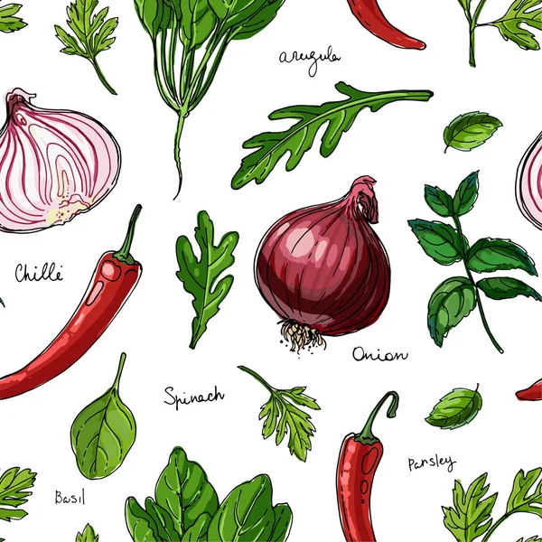 Desen otlar. Baharat. Herb, beyaz bir arka plan üzerinde siyah çizgiler çizilmiş. Vektör çizim. Rezene, dereotu, kişniş, tarhun, yeşil soğan, sarımsak