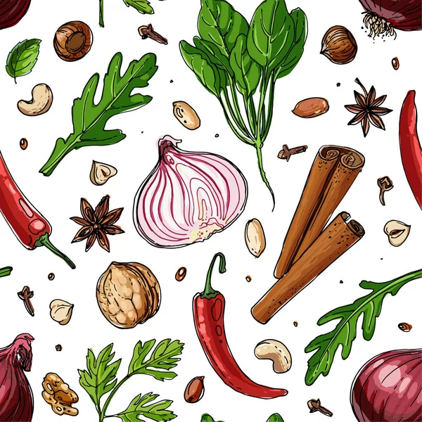 Beyaz bir arka plan üzerine çizilen desen fındık ve baharat çizgi. Kroki yiyecek. Ceviz, kakao fasulye, vanilya, Gorica, badem, fındık, fıstık, anason