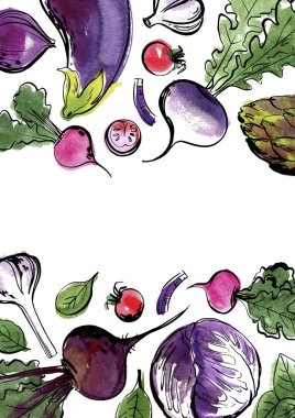 Sebzeler suluboya kare çerçevesi çiziyor. Taze çiftlik yemeği.