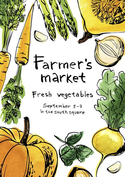 Desenho de legumes moldura quadrada aquarela. Alimentos frescos para explorações agrícolas —  Vetores de Stock